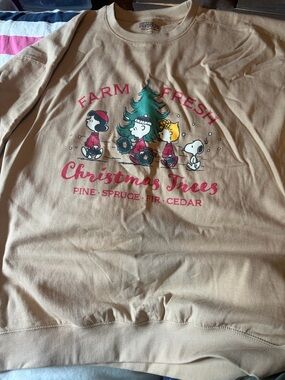 Peanuts Tan Holiday Crewneck Sweatshirt with Red and Green Print